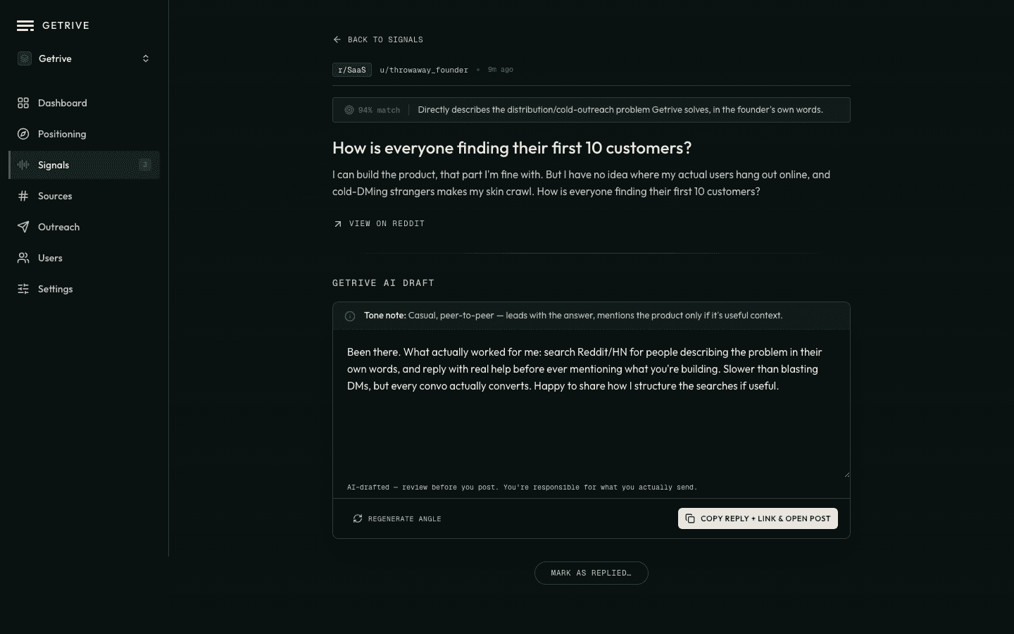 Getrive's review queue: a flagged Reddit, Hacker News, or IndieHackers post next to its drafted reply, with options to edit, send, or skip.